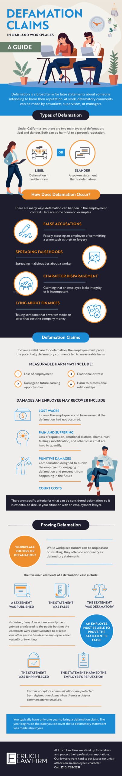 Defamation is a broad term for false statements about someone intending to harm their reputation. At work, defamatory comments can be made by coworkers, supervisors, or managers.